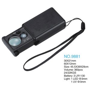 ذره بین و لوپ جواهر شناسی چراغ دار LED-UV 9881 30X-60X
